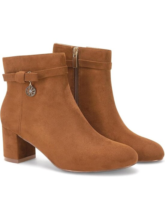 Shoes - Women's Brown Suede Chunky Block Low Heel Vintage Tie Knot Side Zip Ankle Bootie